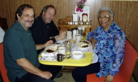 Michael S. Glaser, Lucille Clifton, and Wayne Karlin at a breakfast table